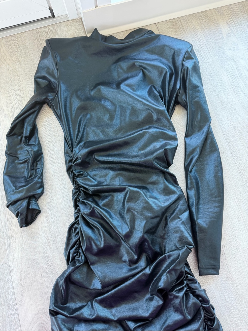 Black Faux Leather Ruched Bodycon Midi Dress
